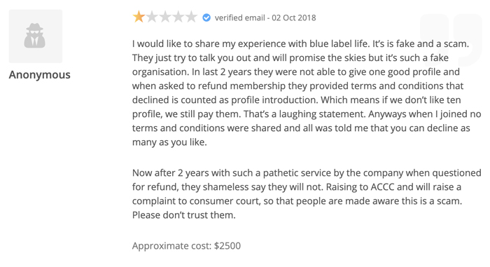 1-star Blue Label Life review on Word of Mouth