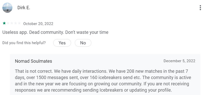 1-star Nomad Soulmates dating site review on Google Play