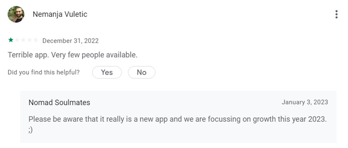 1-star review for Nomad Soulmates dating site on Google Play