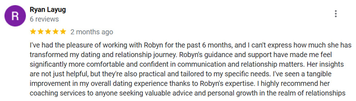 5-star Google review for Blue Label Life dating coaching