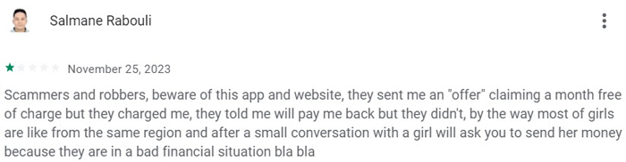 1-star TravelGirls dating site review on Google Play