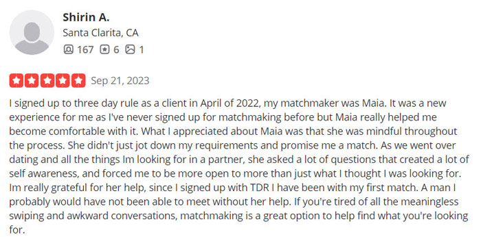 5-star Yelp review for Three Day Rule