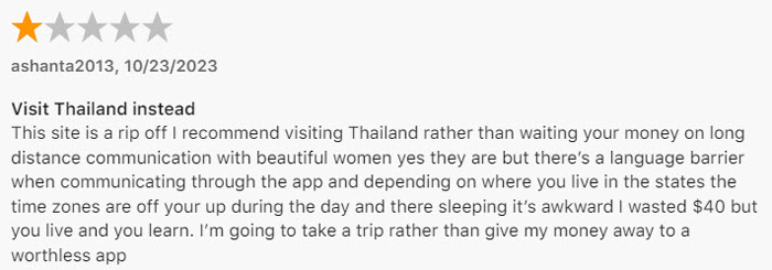 1-star ThaiCupid review on App Store