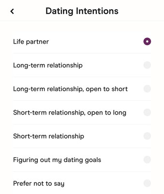 Dating Intentions menu on Hinge