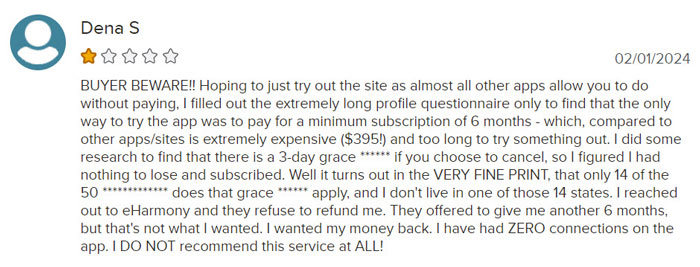 1-star BBB review for eHarmony