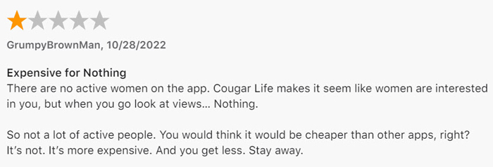 1-star App Store review for Cougar Life