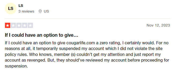 1-star Trustpilot review for CougarLife