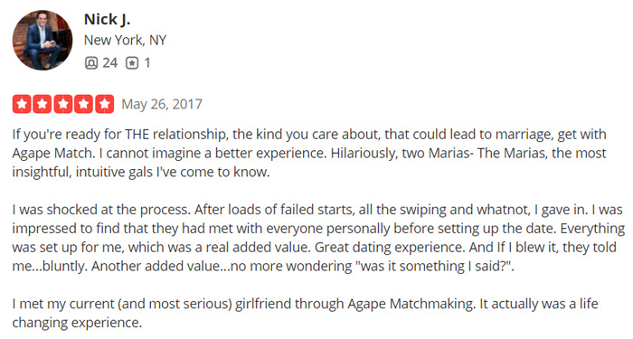 5-star Agape Match review on Yelp