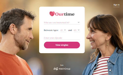 OurTime senior dating website homepage