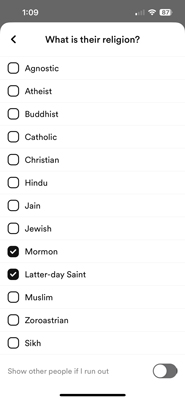 Mormon & LDS religion filter settings on Bumble