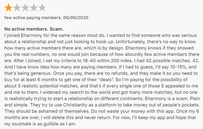eHarmony 1-star review on App Store
