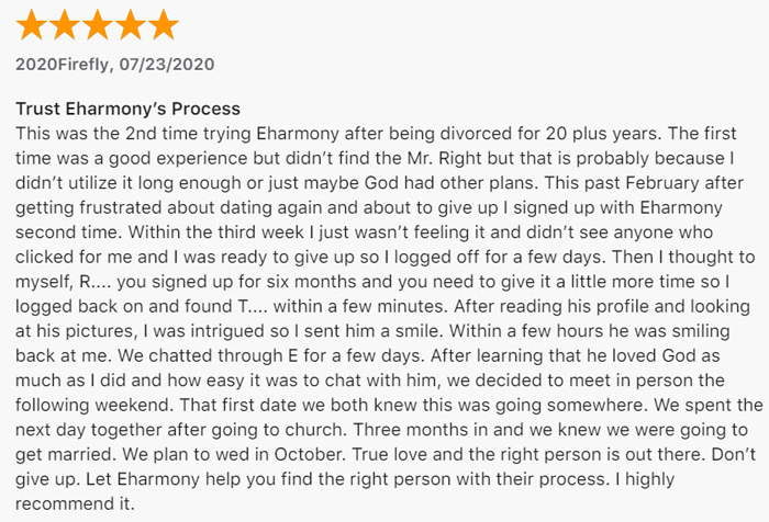 App Store 5-star review for eHarmony
