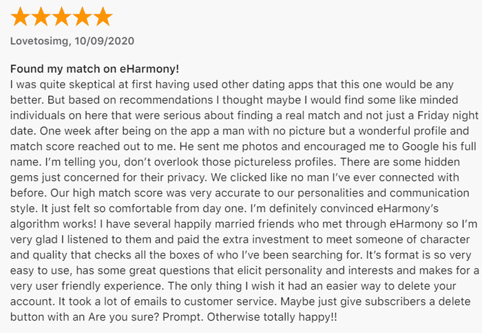 5-star App Store review for eHarmony
