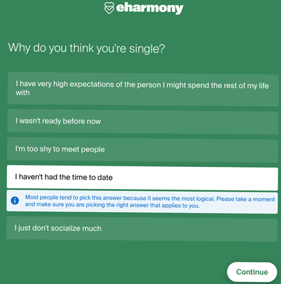 eHarmony prompt advising you to put more thought into an answer