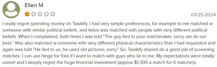 1-star Tawkify review on BBB