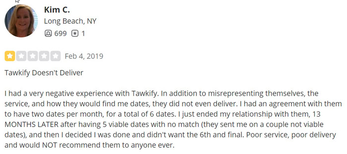 1-star Tawkify review on Yelp