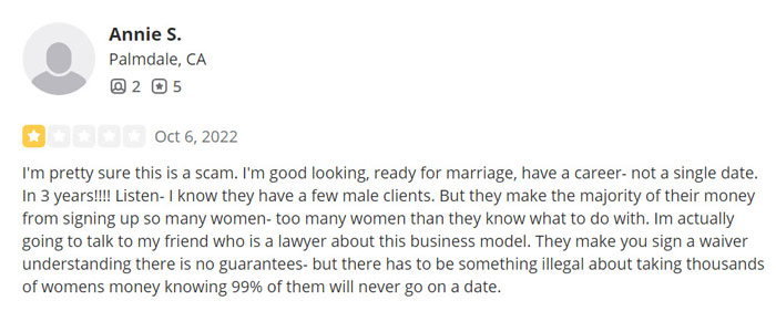 1-star Simply Matchmaking Yelp review