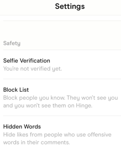 Hinge's Safety settings menu